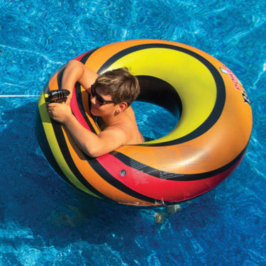 Yellow Orange red and black swirl design on a ring tub with built in water gun.
