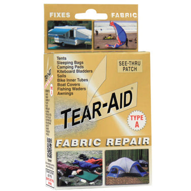 Package of Tear-Aid Fabric repair. Patch tents, sleeping bags, camping pads, Kiteboard bladders, sails, bike inner tubes, boat covers, fishing waders, awnings,