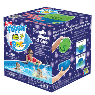 Flippin' Frog pool care product packaging with images of a family by a pool.