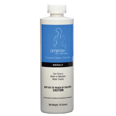 Bottle of amerse spa care crystal clear clarifier on a white background
