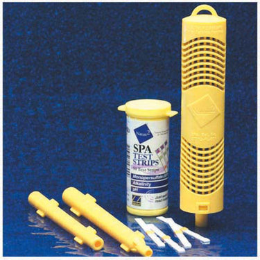 Nature2 Spa Mineral Sanitizer for spas in yellow. Nature2 Test strips are not included in the purchase. Shown to illustrate compatible test strips