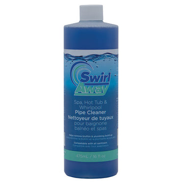 Bottle of Swirl Away Spa Hot Tub & Whirlpool Pipe Cleaner on a white background