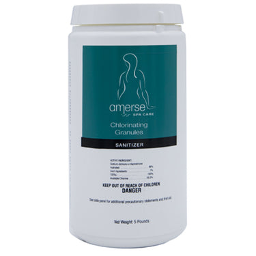 White container of amersel Spa Care Chlorinating Granules Sanitizer on a white background