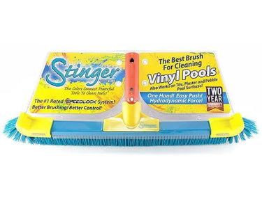 Stinger pool cleaning brush with packaging on a white background
