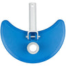 Blue curved pool vac with white plastic handle. Top view