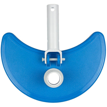 Blue curved pool vac with white plastic handle. Top view