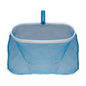 Blue pool skimmer net with white rim on a white background