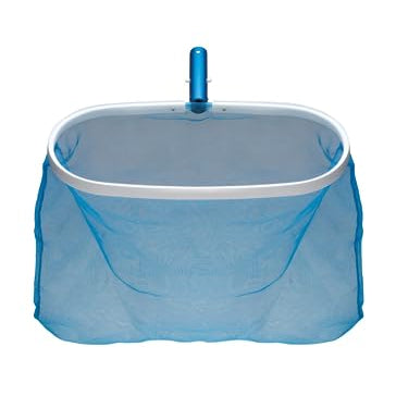 Blue pool skimmer net with white rim on a white background
