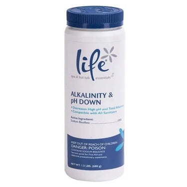 Container of 'life' brand alkalinity and pH down product on a white background