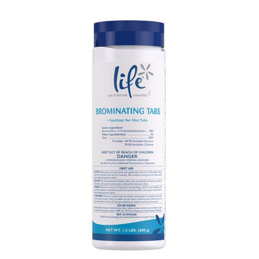 Brominating tabs container with 'life' branding on a white background