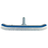 Pool cleaning brush with blue bristle head and gray handle on a white background