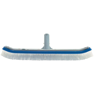 Pool cleaning brush with blue bristle head and gray handle on a white background