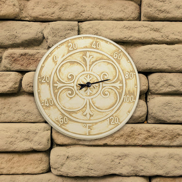 12" Antique White Terra Cotta Thermometer - charming Fleur de Lis detailing and rustic elegance
