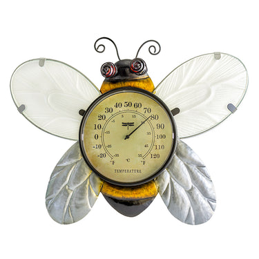 A decorative bee-themed wall thermometer with iron and glass details, featuring a large analog display in the center.