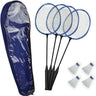 Badminton set including 4 rackets, 4 birdies and zippered carrying case.