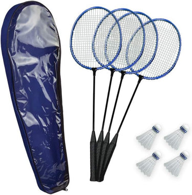 Badminton set including 4 rackets, 4 birdies and zippered carrying case.