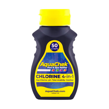AquaChek pool testing strip bottle with yellow cap on a white background