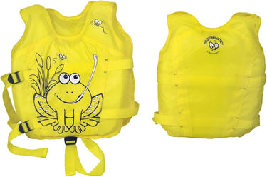 Hungry Frog Swim Vest - Yellow vest with Smiling Frog on front. Shown front view and back view