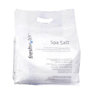 Bag of spa salt with 'freshwater' branding on a white background