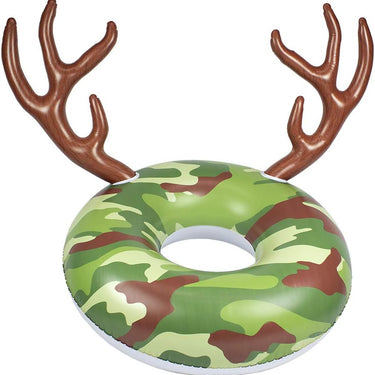 Camouflage-patterned inflatable ring with brown deer antlers on a white background