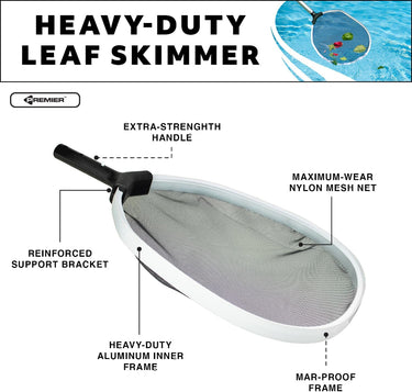 White with Black handle and net - Heavy-duty leaf skimmer. extra-strength handle, maximum-wear nylon mesh net, reinforced support bracket, heavy-duty aluminum inner frame and mar-proof frame.