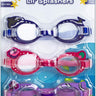3 pack of children's swim goggles themed with fish Blue pair has a shark, Pink pair has a pink fish and light purple pair had a purple clown fish.