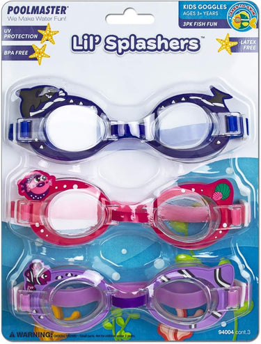 3 pack of children's swim goggles themed with fish Blue pair has a shark, Pink pair has a pink fish and light purple pair had a purple clown fish.