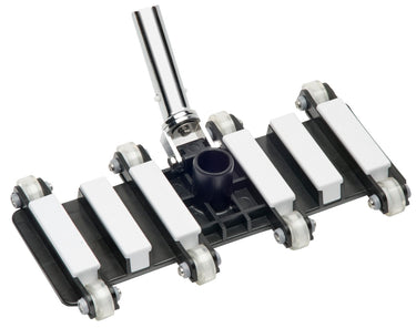 Metal vacuum head with white and black components on a white background