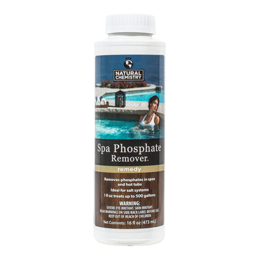Bottle of Spa Phosphate Remover with a pool and spa image on the label.
