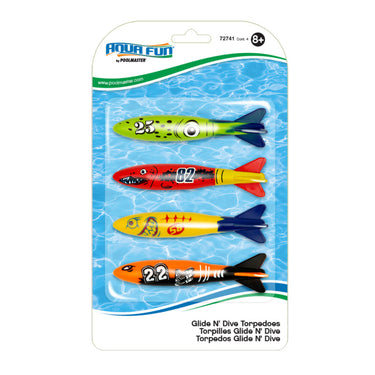 Glide N Dive Torpedoes - dive torpedoes shaped like fish. 4 pack comes in green, red, yellow and orange. Fun day at the pool for the kids!