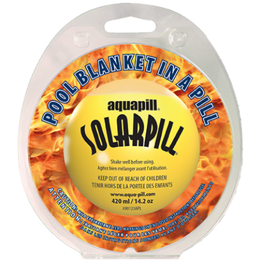 Aquapill SolarPill packaging with pool blanket in a pill text on a white background