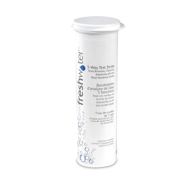 White container full of Freshwater 5-way test strips