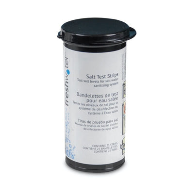 Canister of salt test strips with a black lid on a white background