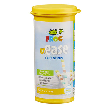 Frog @ease test strips container with yellow lid and label on a white background