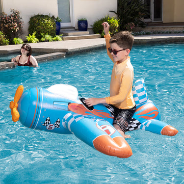 Aviator Rider float. Blue airplane with white and orange accents float for kids. child riding it in a swimming pool