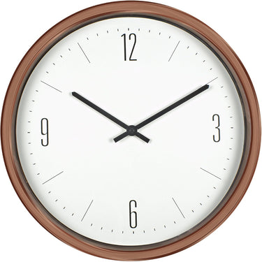 16” Bronze Contemporary Clock with simplistic modern design. white face with black hands and numbers 12, 3' 6 & 9.