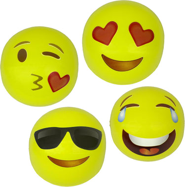 Four 16" Yellow inflatable balls with expressions of wink kiss, heart eyes & smile, hysterically laughing and cool guy with sunglasses and smile.