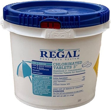 White bucket with Blue lid filled with 3" chlorine tabs on a white background