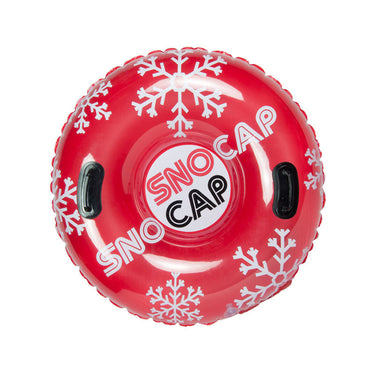 38" Red Tube with white snowflake design and black handles to hold on sliding down a hill in the snow.
