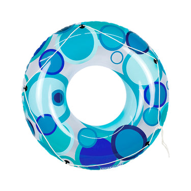 A teal blue inflatable tube with a bright circle pattern and a rope around the edge.