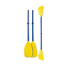 Two yellow kayak paddles with blue shafts on a white background