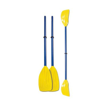 Two yellow kayak paddles with blue shafts on a white background