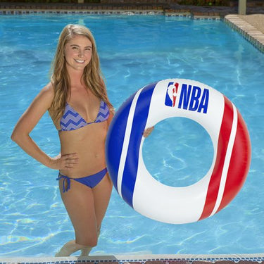 35β³ NBA Tube β Red, White & Blue. Young woman standing in the pool holding one for scale.