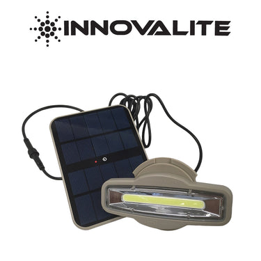 Solar panel and light fixture with InnovaLite branding on a white background