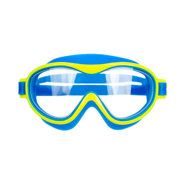 Lil Splashers swim eye mask. Blue with yellow trim around the eyes.