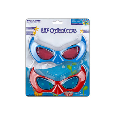 Lil' Splashers 2 pk Splash hero's swim goggles. Looks like Batman mask. Includes a blue pair and a red pair.