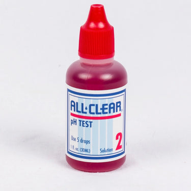 Bottle of All-Clear pH test solution with red cap on a white background