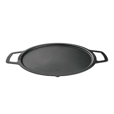 Black cast iron griddle with handles on a white background