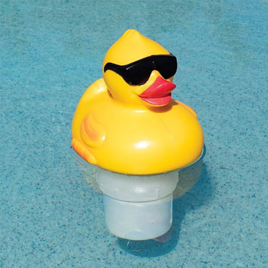 Yellow Derby Duck Chlorinator floating in water