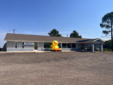 Large inflatable rubber duck in front of a building with clear blue sky